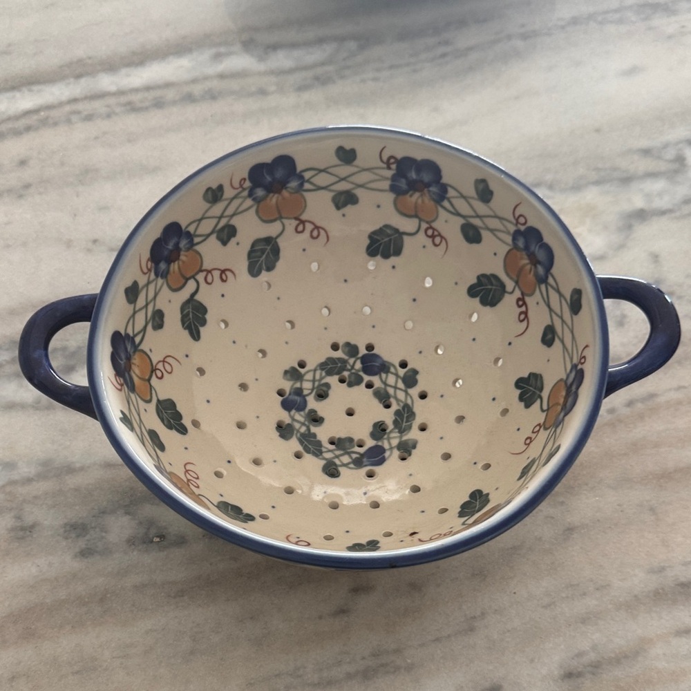 Blue Floral Ceramic Colander with Double Handles